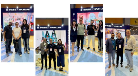 Global buyers discussing custom indoor playground solutions with YIFUN LIFE manufacturer at AAA Expo